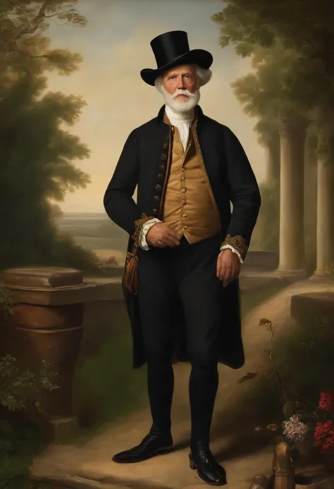 Make an old white man, com barba grisalha, com roupas estilo anos 1770, que usa uma cartola preta, uma gravata borboleta preta, um terno com um tom marrom escuro, faded black pants, One Eye Glasses, black pointed-toe shoes and a pocket watch