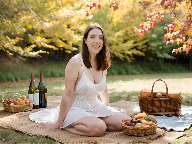 hyper-realistic photo of Angela White, 28 years old (wearing a short, loose white dress) (silky hair, loose hair) (friendly smile) (skin texture), Picnic, picnic basket, bottle, nature, outdoors, trees , grass, bushes, sunny autumn day, autumn colors, anal...