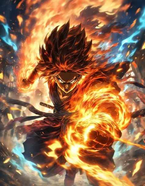 Kokushibo, cool, dynamic, 8k, with Kokushibos sword, in fire (best quality, 8k, highres, masterpiece:1.2), dynamic, powerful, intense, beautiful detailed eyes, detailed facial features, flowing long hair, confident stance, fierce expression, sharp and eleg...