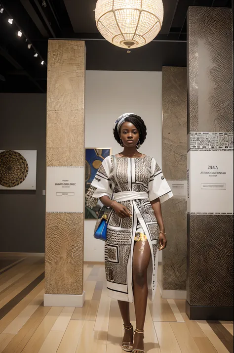 African woman dressed in African designed clothes, standing in museum full of QR code sculptures, white scene and white background with a mix of different colours,  QR code wallpapers and tiles and art work all over the room, light shining with iridescent ...