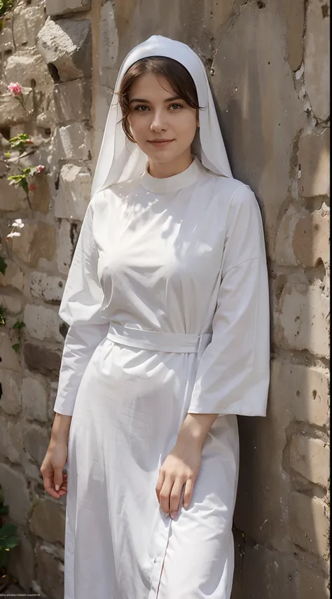 nun against the church wall, pretty young face, sunny day, orgasm