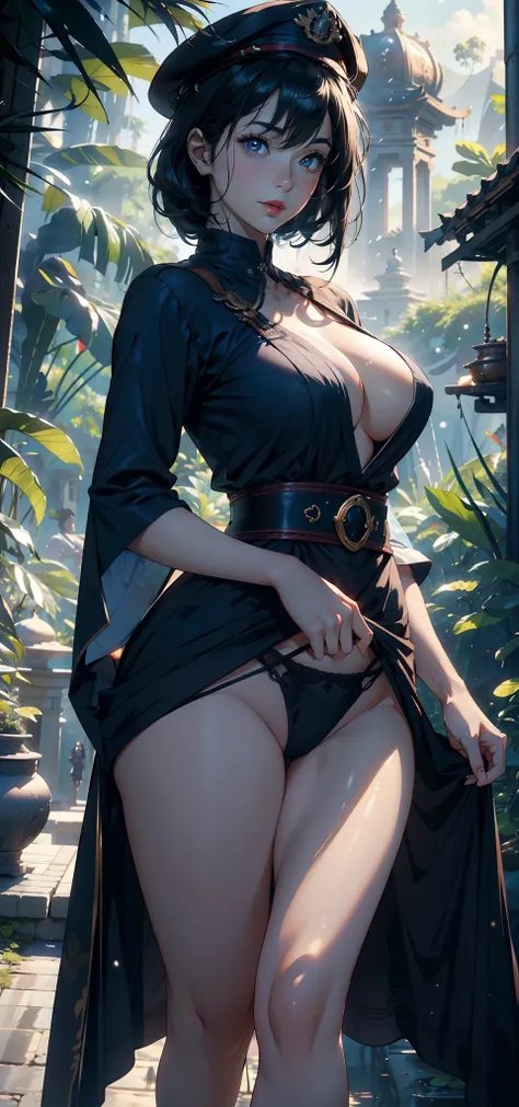 1female，45 yers old，Married Woman，熟妇，mature，plumw，extremely large bosom，Big breasts Thin waist，long leges， 独奏，（Background with：，pyramid，the rainforest，lotus flower，ponds） She has short black hair，bobo head，，seen from the front， standing in forest， mostly c...