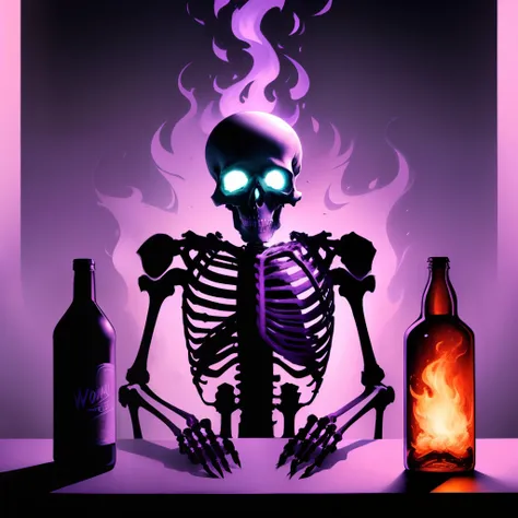 A skeleton holding a double cup, and a Wockhardt bottle with flames behind it in a monochromatic purple color scheme