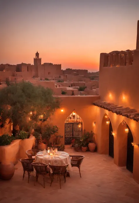 Moroccan medina, Jemaa el fna, sunset, tagine meal on balcony, Moroccan tea and mint, masterpiece, best quality, ultra high res, RAW, Riad, Marrakech, Marrakesh, (Photoluminescence), blooming flowers, clear, Cinematic RAW photo, hyper real photo, ultrareal...