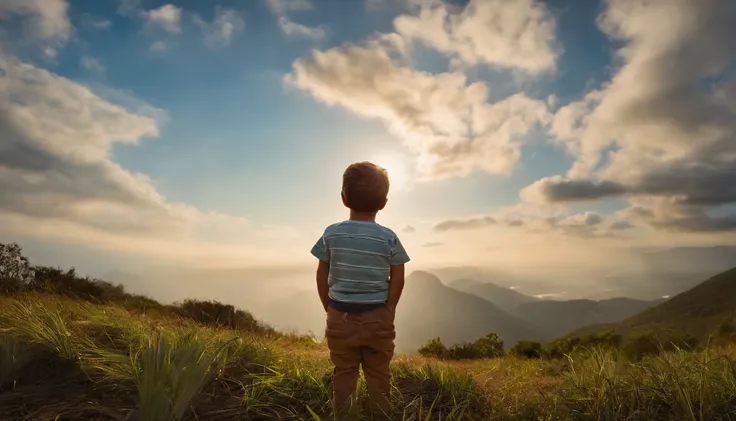 menino: Miguel, cerca de 5 anos de idade, Cabelo curto no estilo Disney, olhos azul, no quintal de casa, Looking up at the sky