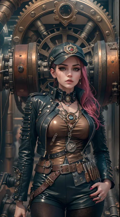 Em um mundo de fantasia steampunk, uma mulher com um estilo punk a vapor assume o centro do palco enquanto caminha por uma rua intrigante. She is dressed in a flawless black leather outfit adorned with gleaming metallic accents, que a destacam na paisagem....