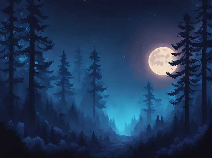 (pixel art:1.2) of an (eerie) dark forest, (blue flames in the distance:1.2) amidst the (thick mystical fog:1.2), tall trees, breathtaking moonlit night