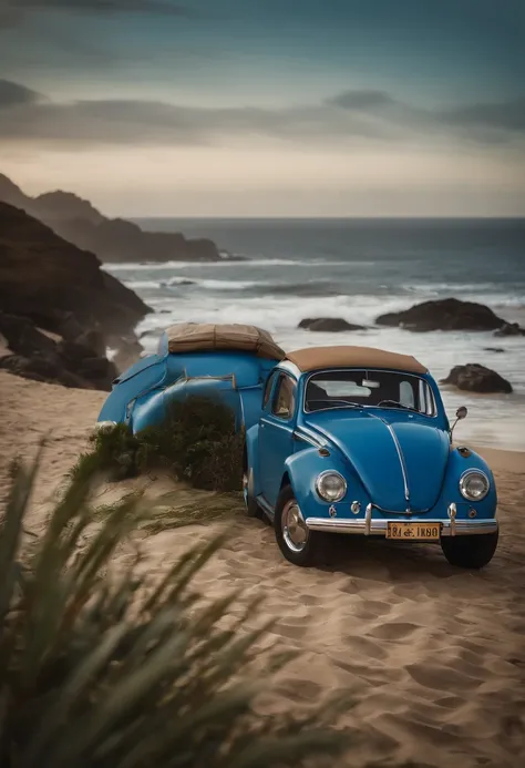 crie um retrato de fusca azul 1969 com um fundo de uma praia desfocada com uma lente de 100mm