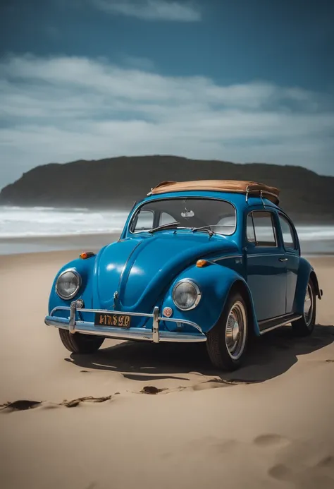 crie um retrato de fusca azul 1969 com um fundo de uma praia desfocada com uma lente de 100mm