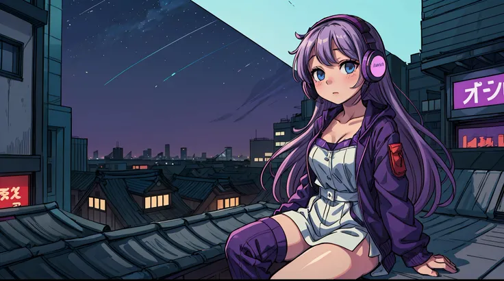 A young woman with long, flowing hair and fair skin is sitting on a rooftop in Tokyo, Japan at night. She is wearing a sexy anime outfit and headphones, and her skin is glowing. The sky in the background is a beautiful blue and purple, and the city lights ...