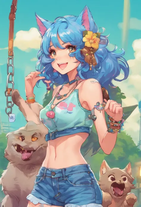 Blue haired teen anime catgirl in denim short shorts, a crop top, and thong strings peaking above her waistline being approached by a giant muscular wolfman smirking and licking his fangs