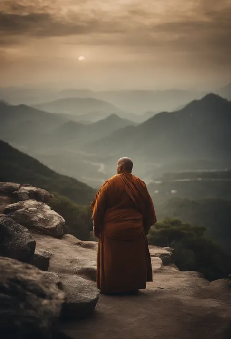 obese monk on top of a mountain