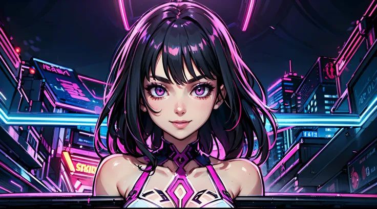 beautiful, linework, thick outlines, strong shadows,(1 girl,solo: 1.3), adult woman, (detail eyes:1.3), upper body, night, (neon background:1.2), happy, clean design, standing, front split dress, smile, navel, wide hip