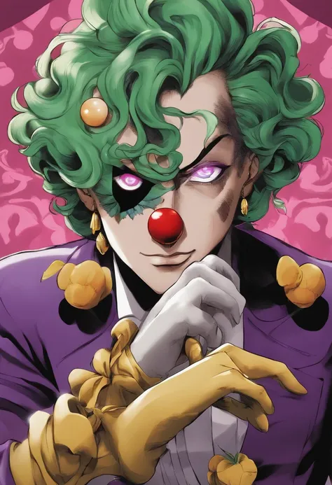 anime character with a clown face and a creepy hand holding a fish, in jojos bizarre adventure, jojos bizzare adventure, jojos bizarre adventure, jojo anime style, jojos bizzare adventure!!, jojos bizarre adventures, jojos bizarre adventure, jojo bizarre a...