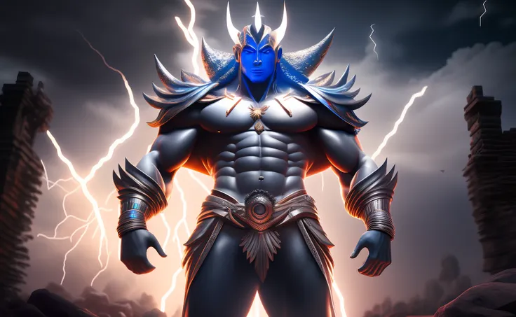 full body shot of Giant African god of rain and lightning flying in the sky among dark clouds, lightning striking all over his body, eyes glowing white, moon shining, with iridescent light, cinematic lighting, artgerm style, 32k, ultra HD, unreal engine re...