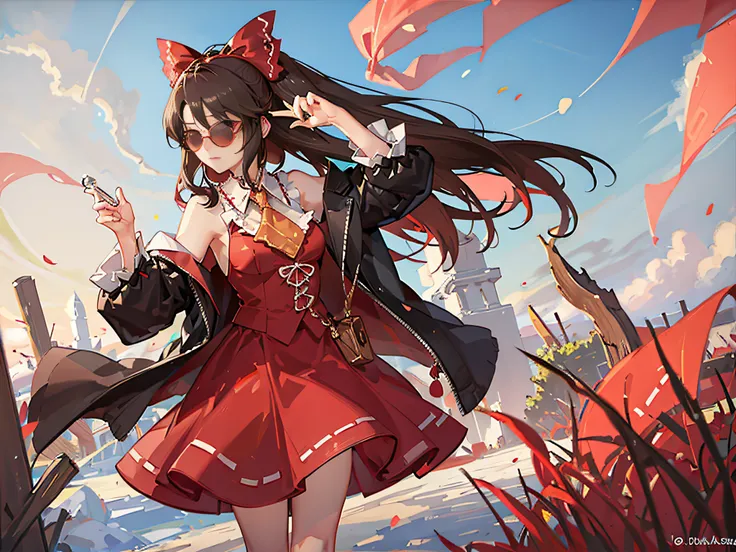 (masterpiece), best quality, expressive eyes, perfect face, (((1girl))), Digital art, expressive colors, Reimu, touhou, (((sunglasses))), cool, brown hair, red hair bow, (((wearing fancy suit))), shrine, money