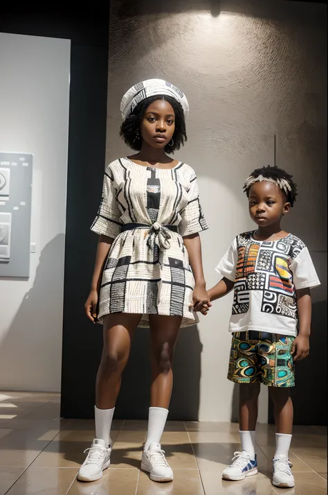 African baby girl and african baby boy dressed in African designed clothes, standing in museum full of QR code sculptures, white scene and white background with a mix of different colours,  QR code wallpapers and tiles and art work all over the room, light...