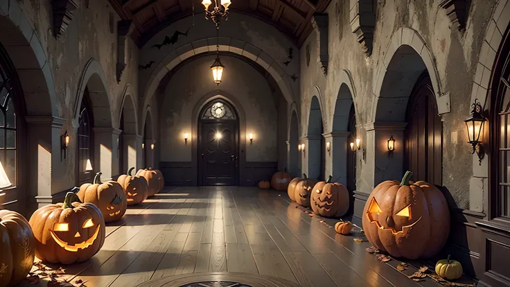 Interior design of a castle with harry potter theme, hogwarts, halloween theme, hallway with pumpkins, in the night hallway, bats  8k, photorealistic, RAW photo, high quality --auto --s2