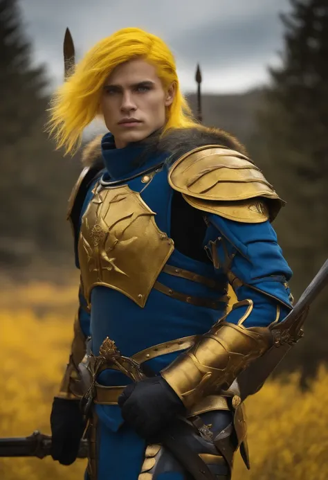 yellow hair,The Spirit of War,Young Man,Dressed in blue full-body armor,trident