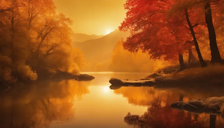 /imagine prompt: Color photo of Akihai Kai, Depicting the world in shades of orange and yellow Trees burn with vibrant hues, The leaves dance like twinkling flames in the sun Ginkgo trees dressed in gold, Each leaf sparkles like a precious jewel in a kalei...