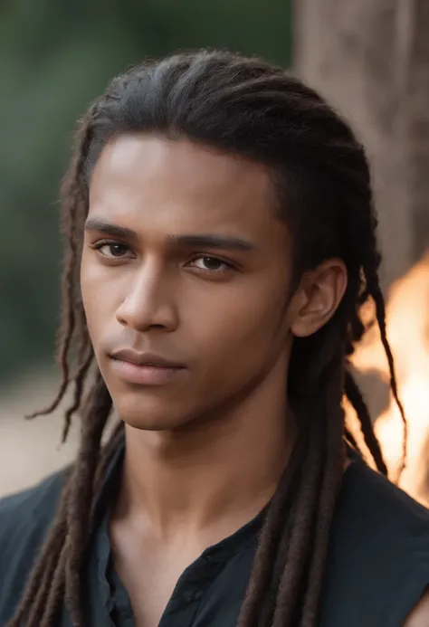 ((a deep black wound crosses his left cheek))) dark complexion, man around 15 years old, natural dreadlocks hair, distinctive blue eyes, wearing black t-shirt, tall, built and muscular, ravishing and handsome, burning wood in a royal setting, ultra sharp f...