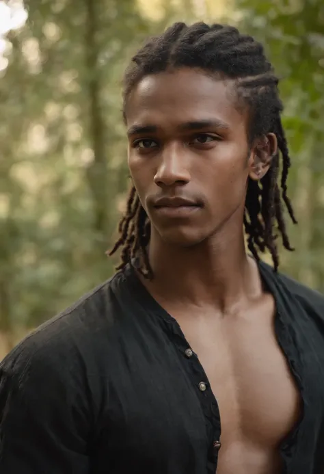 ((a deep black wound crosses his left cheek))) dark complexion, man around 15 years old, natural dreadlocks hair, distinctive blue eyes, wearing black t-shirt, tall, built and muscular, ravishing and handsome, burning wood in a royal setting, ultra sharp f...