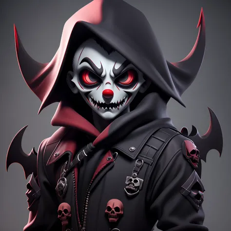 Satanic clown,  demonic reaper, menacing gaze, 3D rendering, epic, horror, anime-inspired, ultra sharp details