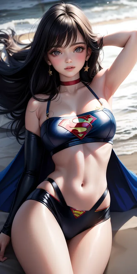 realista, 1girl, cabelo loiro, olhos azuis, olhos azuis brilhantes, top cropped, saia, half-open lips, blush, noite, flores, sol, luz solar, com letra S do superman no peito. Sensual