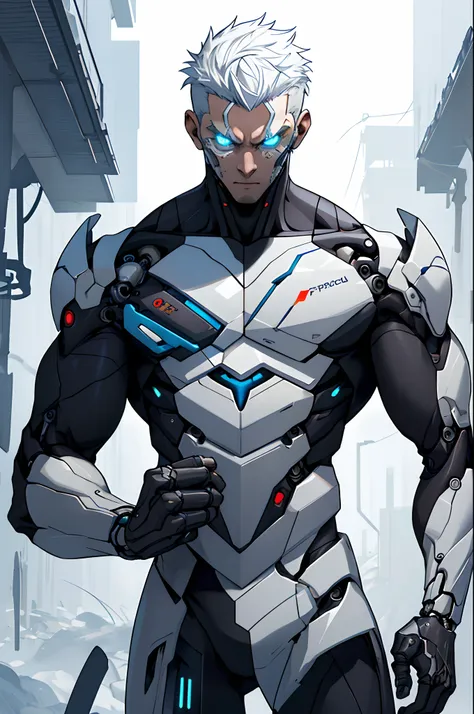 Generate detailed male-human cyborg hybrids, This hint creates a fascinating description of a detailed human cyborg hybrid, Show organic、Seamless integration of mechanical and cybernetic elements. Fighter-class cyborgs should have advanced technology, Seam...