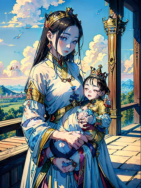 (masterpiece, top quality, Watercolor painting, The beautiful 16-year-old Chinese queen( holds 1 baby king :2.0) wearing shavings in her arms, Straight eyes, radiating a brilliant aura, Rosary handle, Crown Team, (Systemic: 2.0), Stand in the cloud, full b...