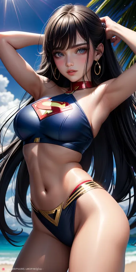 realista, 1girl, cabelo loiro, olhos azuis, olhos azuis brilhantes, top cropped, saia, half-open lips, blush, noite, flores, sol, luz solar, com letra S do superman no peito. In an exotic and sensual pose.