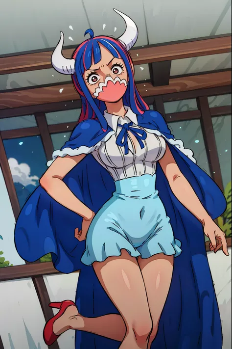 Ulti from One Piece, solo, night time, feudal Japanese castle, indoors, wood, wearing a long-sleeved minidress that is white and pleated above the waist, with a blue bow below a point collar, darker-blue cape trimmed with light-blue fur on its edges, and r...