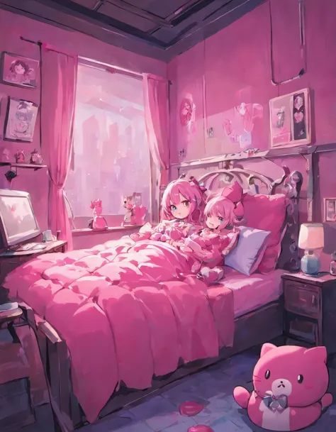 Quarto fofo rosa, pink bed with Hello Kitty plushies, Manchas de sangue na parede, Manchas de sangue nos panos da cama, Dark and gloomy lighting