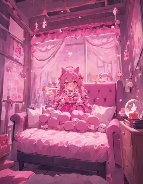 Quarto fofo rosa, pink bed with Hello Kitty plushies, Manchas de sangue na parede, Manchas de sangue nos panos da cama, Dark and gloomy lighting