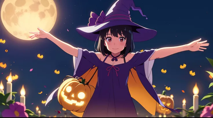 shinkai makoto, kimi no na wa., 1girl, bangs, black hair, blush, brown eyes, looking at the viewer, short hair, smile, solo, happy, absurdres, highres, ultra detailed, Halloween witch, ((lovely smile)), wizard robes, wizard hat, Jack olantern, night, moon ...