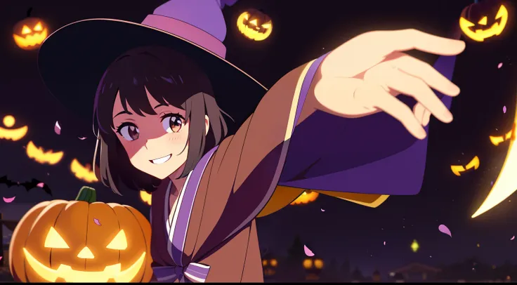 shinkai makoto, kimi no na wa., 1girl, bangs, black hair, blush, brown eyes, looking at the viewer, short hair, smile, solo, happy, absurdres, highres, ultra detailed, Halloween witch, ((lovely smile)), wizard robes, wizard hat, Jack olantern, night, moon ...