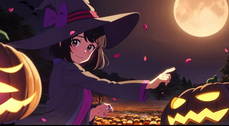 shinkai makoto, kimi no na wa., 1girl, bangs, black hair, blush, brown eyes, looking at the viewer, short hair, smile, solo, happy, absurdres, highres, ultra detailed, Halloween witch, ((lovely smile)), wizard robes, wizard hat, Jack olantern, night, moon ...