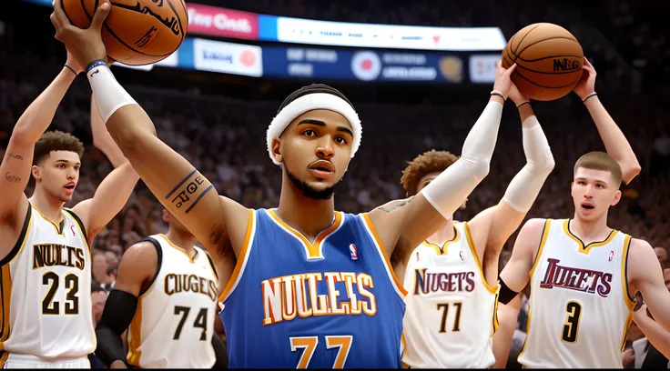 Carmelo Anthony in a nuggets jersey holding nba finals trophy