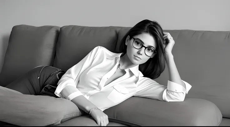 Realistic 80s photo on monochrome film; Modern Young Woman 38 Years Old, round face, Big shiny brown eyes, eyeglasses, parted sensual lips, Serious, Long brown thick tousled hair; Short torso, White loose-fitting silk shirt with unbuttoned top button; Grey...