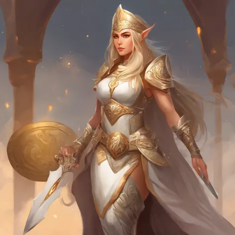 (A detailed illustration),(Anatomically amazing body),(Combat stance),(Beautiful elven woman with white long hair),Long bangs, Black eyes, large tits, Wearing a white chef hat on top of her head, Wear under armor,(Please wear a coat),(Wearing armor pants),...