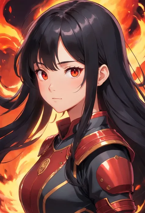 long black hair, Chinese 19 year old girl. Black and red supersuit inspired by ancient Chinese armor. deep dark red fire powers. brown eyes. loose hair.