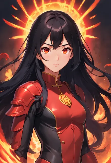 long black hair, Chinese 19 year old girl. Black and red supersuit inspired by ancient Chinese armor. deep dark red fire powers. brown eyes. loose hair.