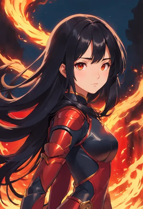 long black hair, Chinese 19 year old girl. Black and red supersuit inspired by ancient Chinese armor. deep dark red fire powers. brown eyes. loose hair.