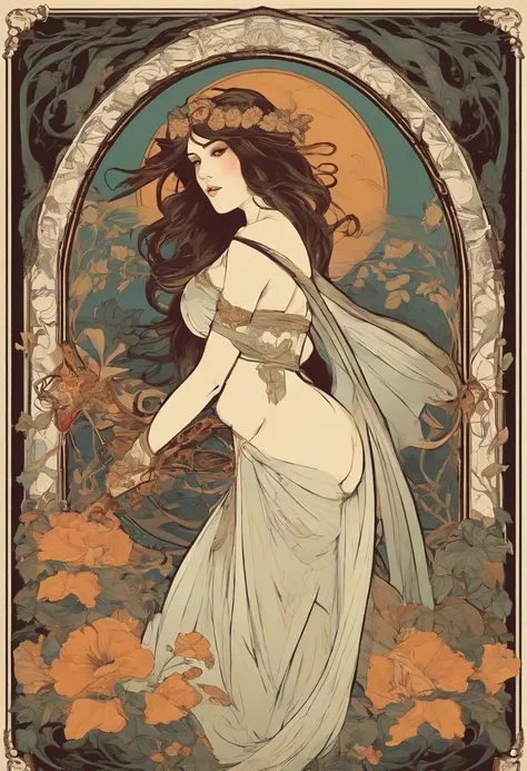 8k.Poster illustration in the style of Alphonse Mucha, mujer gotica, diosa de la muerte, pelo negro, piel palida, Pintura plana, mujer desnuda, Emmawatoso,holding a scythe, sin ropa, cuerpo completo como,Cuerpo delgado,descalzo,Modernismo, Plantas en el fo...