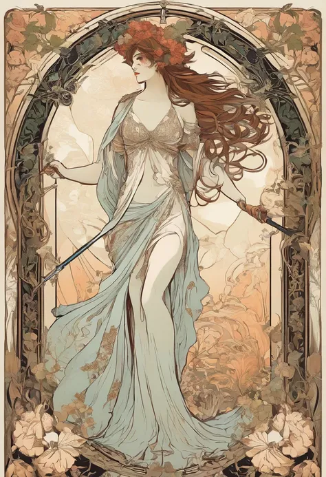 8k.Poster illustration in the style of Alphonse Mucha, mujer gotica, diosa de la muerte, pelo negro, piel palida, Pintura plana, mujer desnuda, Emmawatoso,holding a scythe, sin ropa, cuerpo completo como,Cuerpo delgado,descalzo,Modernismo, Plantas en el fo...