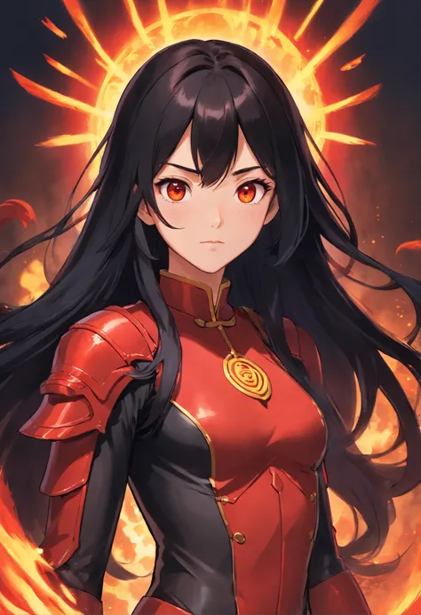 long black hair, Chinese 19 year old girl. Black and red supersuit inspired by ancient Chinese armor. deep dark red fire powers. brown eyes. loose hair.