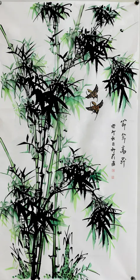 Close up of bamboo tree painting with butterflies flying by, inspired by Wu Changshuo, Traditional Chinese painting, artwork in style of sheng lam, chinese brush pen illustration, Traditional Chinese Ink Painting, Chinese painting style, Chinese ink painti...