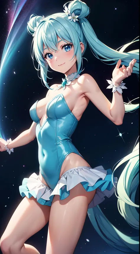 Super Idol　a beauty girl　A charming smile　sky blue hair　length hair　Twin-tailed　Leotard outfit with shimmering pale bright green and white ruffles　Fantasia　constellation　a moon　Crystal Brilliance　Aurora Borealis in the Night Sky