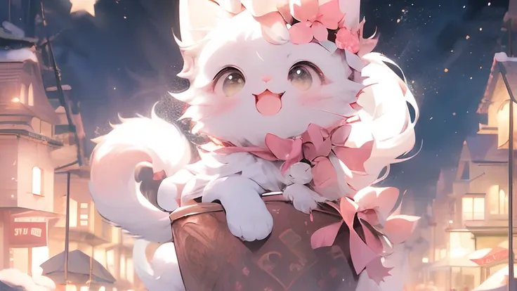 (masutepiece:1.2, High quality),Cat, absurderes, hight resolution, ultra-detailliert, catss, White cat、kawaii、pink  dress、accessorized、kirakira、pink there、frilld、Christmas、Winters、yuki、Christmas tree、present、With background