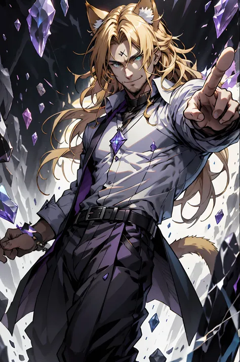 Purple coat, one male, cat ears, long hair, blond, blond hair, green eyes, tall, muscular, white shirt, beautiful face, highest quality, masterpiece, 2d, anime, perfect face, highest detail, feline eyes, stubble, cat tail, wavy hair, purple crystals, smile...